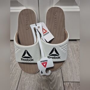 Reebok Mens White Strap Slide Sandals with EVA Comfort Beige Footbed